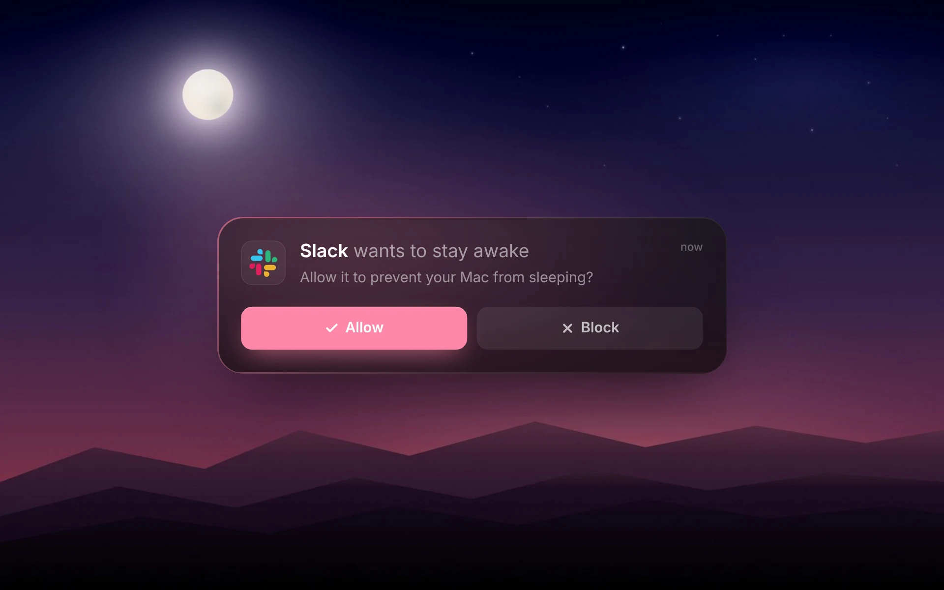 MacRest asking whether Slack may keep the Mac awake, with Allow and Block buttons.
