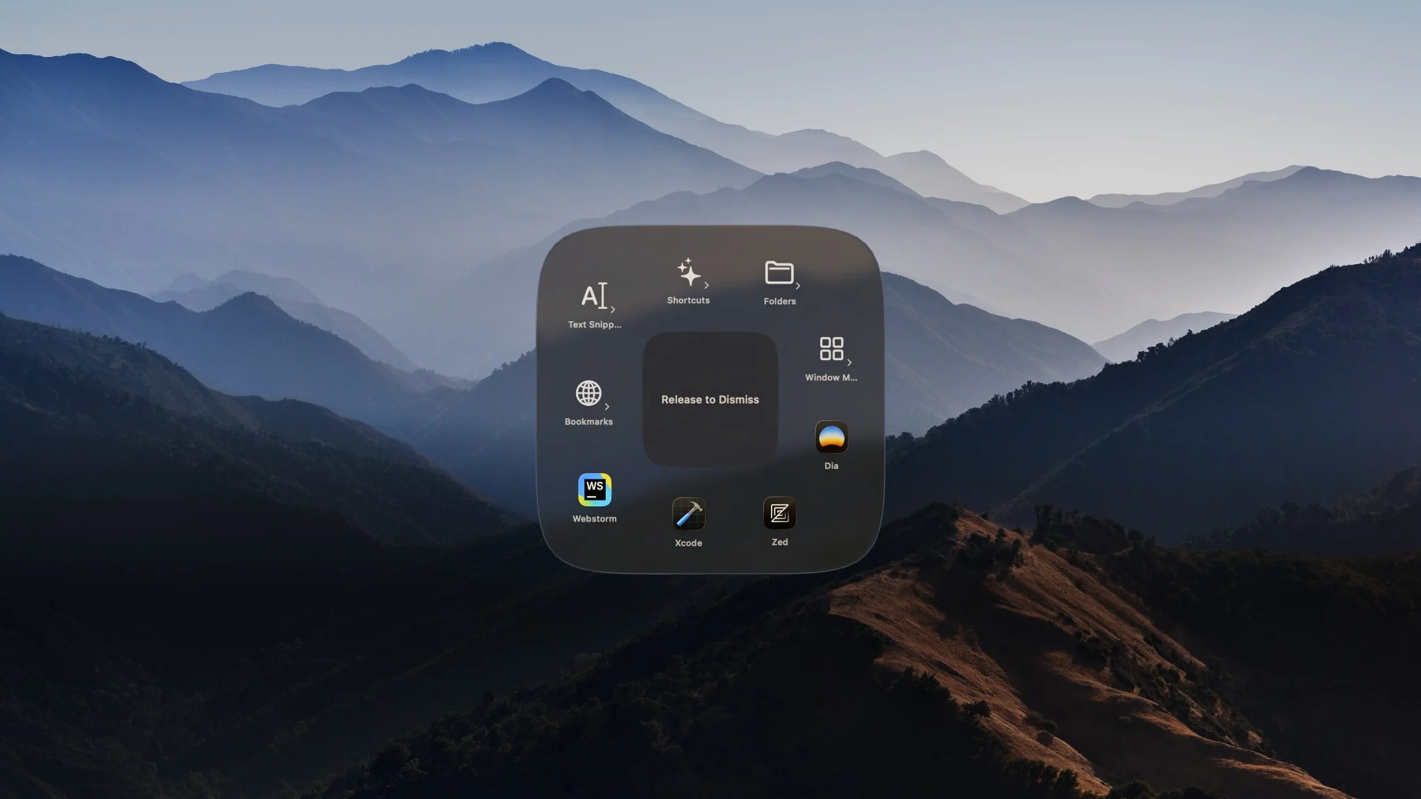 The Radial menu open over a mountain landscape, with shortcuts, folders, bookmarks and apps arranged around the centre.